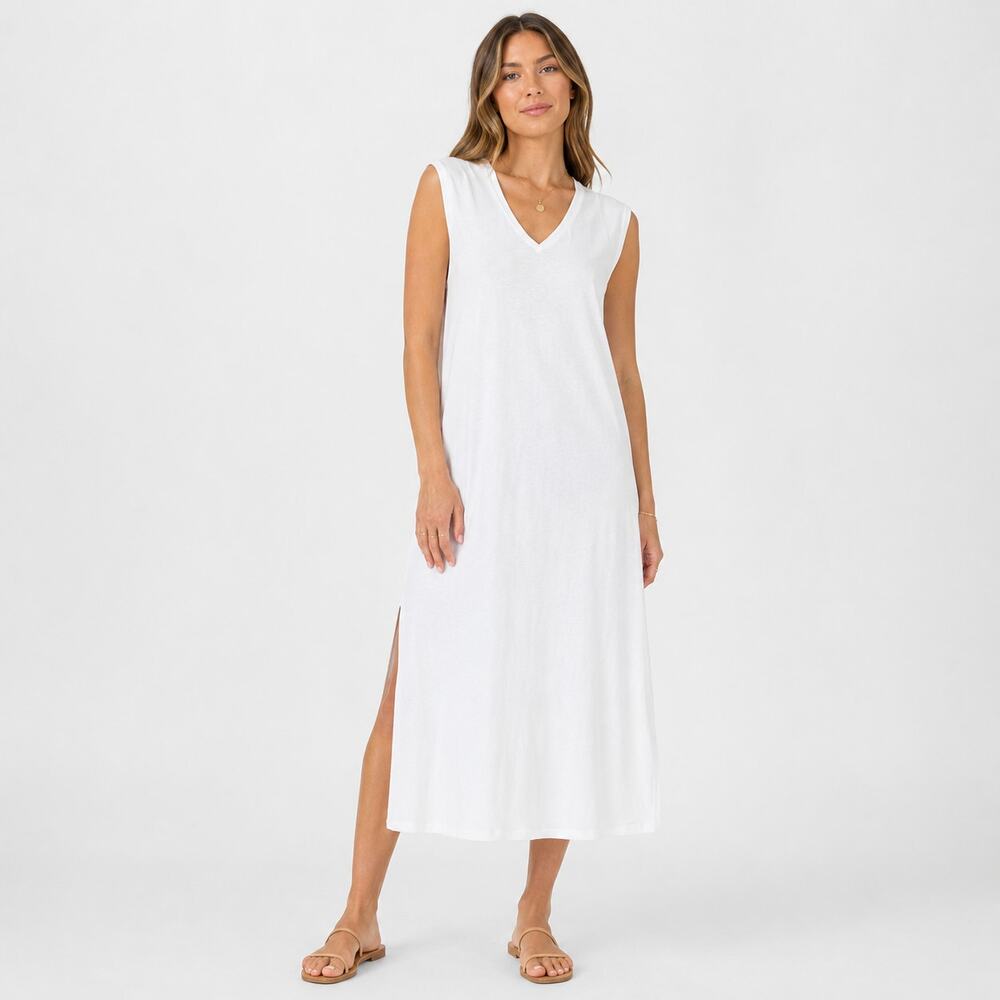 Felicite V-Neck Knit Sleeveless Tee Shirt Midi Dress White XS NEW Minimalist